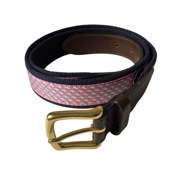 Vineyard Vines Mens Leather Canvas Pink Whale Nautical Preppy Belt Size 36 USA - Picture 1 of 6